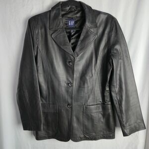 GAP Leather Blazer Jacket Black Womens Medium Classic Quiet Luxury Capsule Goth